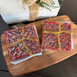 Pier 1 Imports Set 8 Colored Beaded Sequin Coasters – Glass Bead Drink Coasters